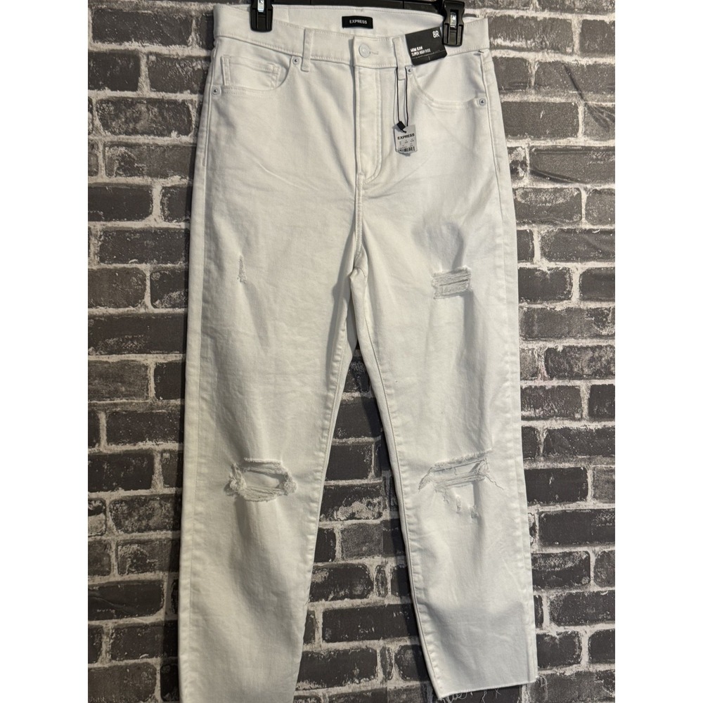 Express White Mom Jean Super High Rise‎ Jeans 8R Raw Hem Distressed NWT - Picture 4 of 8